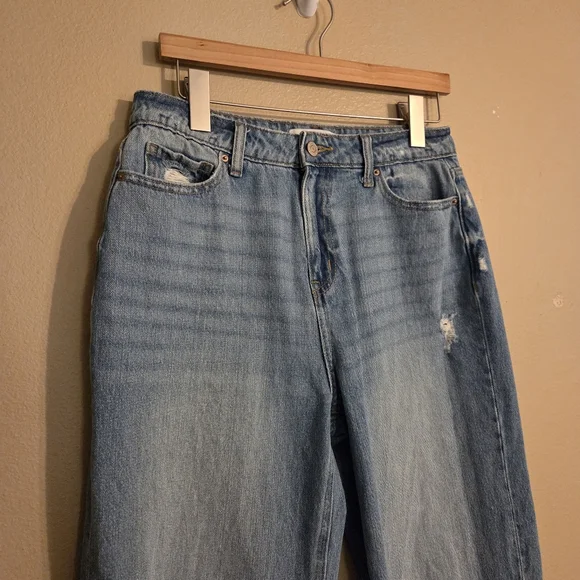 ZENANA Med Wash High Waist Distressed Raw Hem Wide Leg Jeans Women's Size 27 - Picture 3 of 14